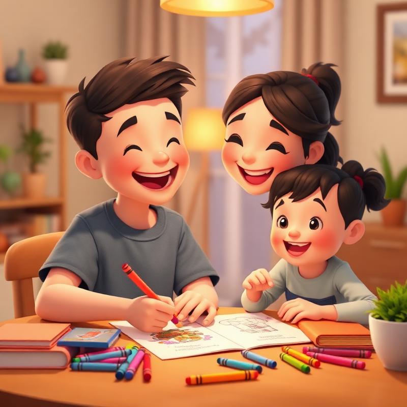 Família feliz colorindo livros bíblicos juntos